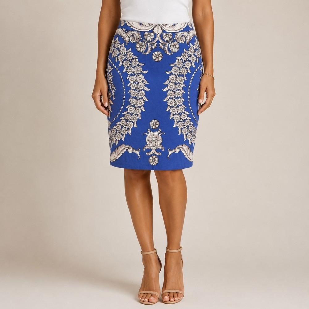 New Baraschi Gilded Estate Blue Pencil Skirt Size 2 Old Money Career READ
